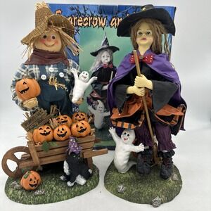 Vintage‎ Halloween Witch & Scarecrow Figures 13" Fabric Mache RARE Decor